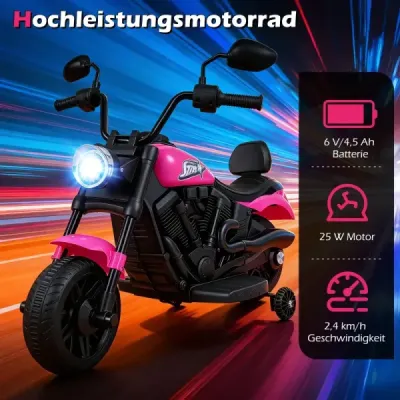 6V dětská motorku typu chopper s hudbou, světlometem, nožním pedálem a 2 pomocnými kolečky, růžová