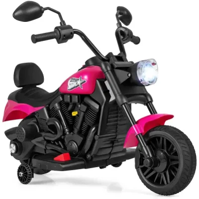 6V dětská motorku typu chopper s hudbou, světlometem, nožním pedálem a 2 pomocnými kolečky, růžová