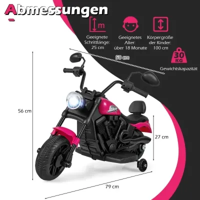6V dětská motorku typu chopper s hudbou, světlometem, nožním pedálem a 2 pomocnými kolečky, růžová