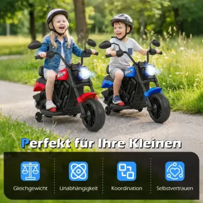 6V dětská motorková chopper s hudbou, světlometem, nožním pedálem a 2 pomocnými kolečky, tmavě modrá