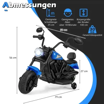 6V dětská motorková chopper s hudbou, světlometem, nožním pedálem a 2 pomocnými kolečky, tmavě modrá