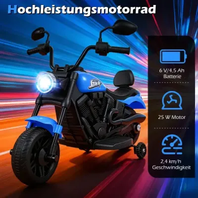 6V dětská motorková chopper s hudbou, světlometem, nožním pedálem a 2 pomocnými kolečky, tmavě modrá