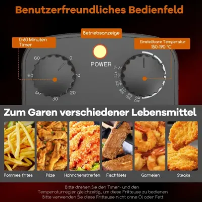 Fritéza 2000 W s objemem oleje 3 l, fritéza s nastavitelným termostatem 150–190 °C, černá