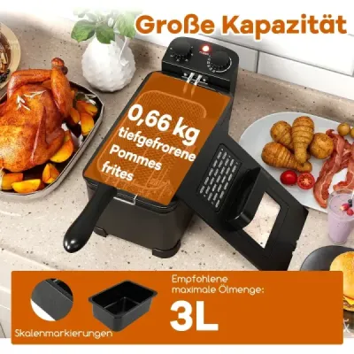 Fritéza 2000 W s objemem oleje 3 l, fritéza s nastavitelným termostatem 150–190 °C, černá