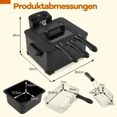 Fritéza 1700 W, elektrická fritéza 5 l, fritovací hrnec s 1 velkým a 2 malými košíky, černá