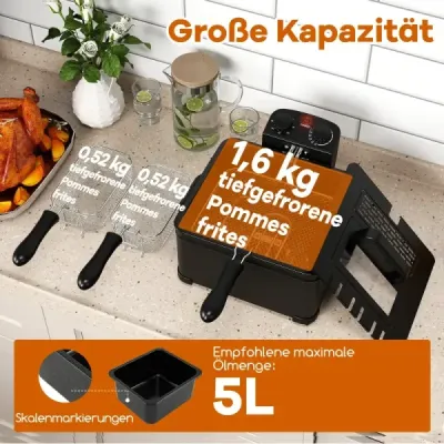 Fritéza 1700 W, elektrická fritéza 5 l, fritovací hrnec s 1 velkým a 2 malými košíky, černá