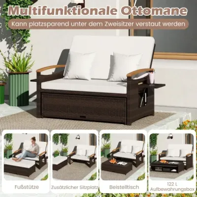 3 v 1 ratanový nábytkový set Lounge Dvojité lehátko Denní postel Zahradní pohovka Pohovka 2místná s podnožkou Bílá