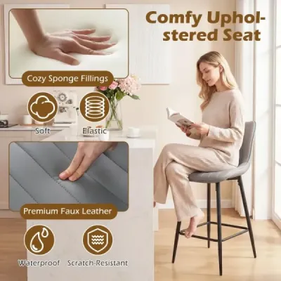 Barové židle, sada 2 ks, vysoké kuchyňské židle s ergonomickým opěradlem, čalouněné sedáky, šedé