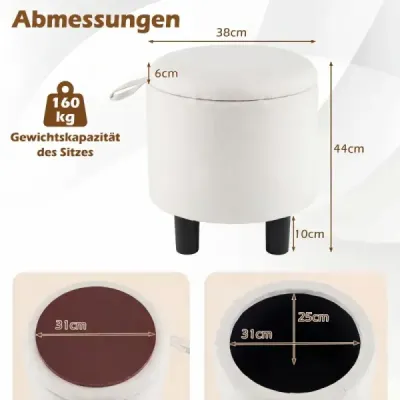 Kulatý lněný puf, Ø38 cm, čalouněný podnožník s úložným prostorem, béžový