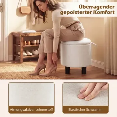 Kulatý lněný puf, Ø38 cm, čalouněný podnožník s úložným prostorem, béžový