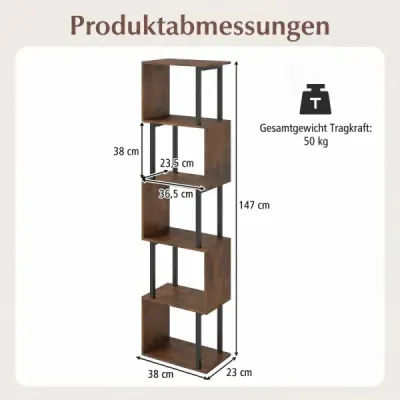 5patičková knihovna Geometrická stojací knihovna s ochranou proti převrácení Samostatně stojící regál Rustikální hnědá