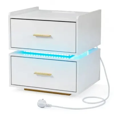 Noční stolek s nabíjecí stanicí a LED osvětlením, 2 zásuvky, moderní, částečně zavěšený, kovová podnož, bílý