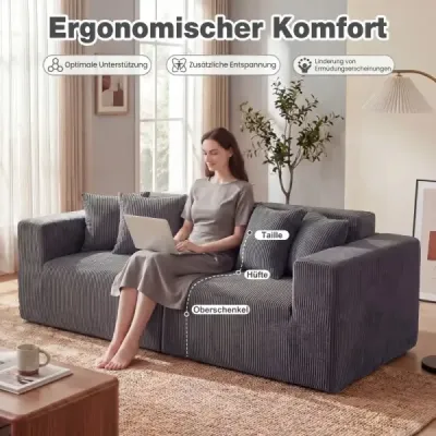 2místná pohovka Boneless Couch 204 cm s hlubokým sedákem a opěradlem, pohodlné područky, šedá