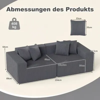 2místná pohovka Boneless Couch 204 cm s hlubokým sedákem a opěradlem, pohodlné područky, šedá