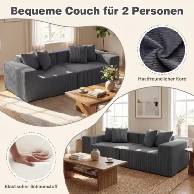 2místná pohovka Boneless Couch 204 cm s hlubokým sedákem a opěradlem, pohodlné područky, šedá