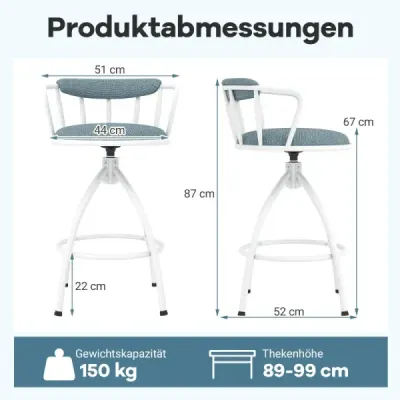 Sada 2 otočných barových židlí s opěradlem a podnožkou, polstrované, nosnost 150 kg