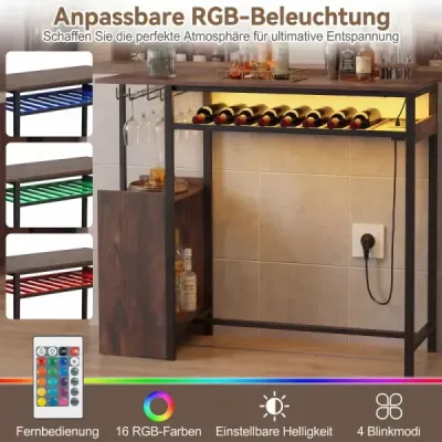 Barový stůl, jídelní stůl s RGB osvětlením, stojan na lahve, držák na sklenice, zásuvky, USB C port