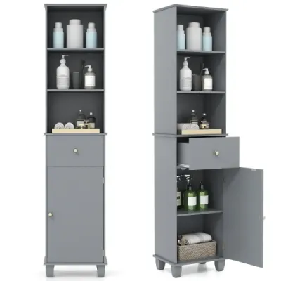 172 cm koupelnová skříňka, úzká koupelnová skříňka se 3 otevřenými policemi, 1 zásuvkou a 1 dvířky, šedá