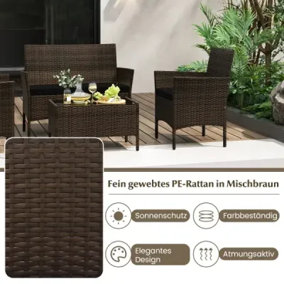 Sada ratanového zahradního nábytku – sedací souprava se 2 křesly, lavicí, stolem a sedacími polštáři – černá