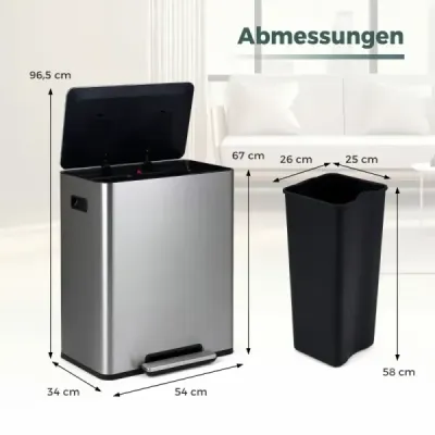 60L kuchyňský odpadkový koš z nerezové oceli s pedálem a víkem Softclose, 2 přihrádky, systém třídění odpadu, stříbrný