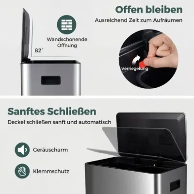 60L kuchyňský odpadkový koš z nerezové oceli s pedálem a víkem Softclose, 2 přihrádky, systém třídění odpadu, stříbrný