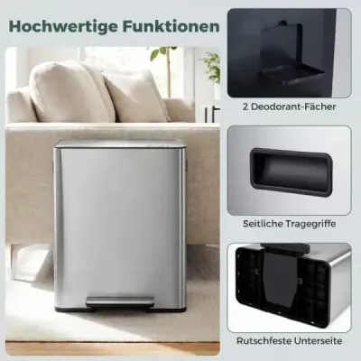 60L kuchyňský odpadkový koš z nerezové oceli s pedálem a víkem Softclose, 2 přihrádky, systém třídění odpadu, stříbrný