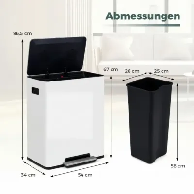 60L kuchyňský odpadkový koš z nerezové oceli s pedálem a víkem Softclose, 2 přihrádky, systém třídění odpadu, bílý