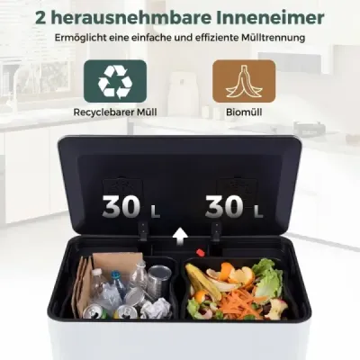 60L kuchyňský odpadkový koš z nerezové oceli s pedálem a víkem Softclose, 2 přihrádky, systém třídění odpadu, bílý