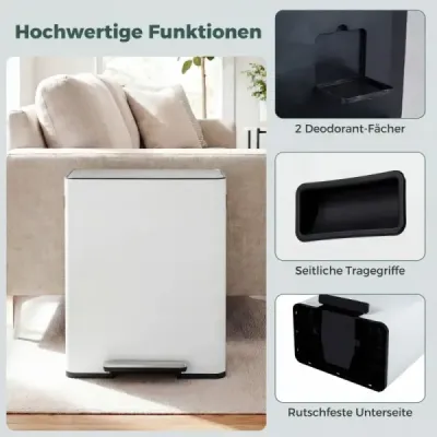60L kuchyňský odpadkový koš z nerezové oceli s pedálem a víkem Softclose, 2 přihrádky, systém třídění odpadu, bílý