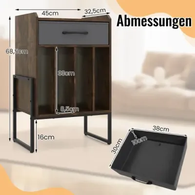 Stojan na gramofon, polička na desky se 4 přihrádkami, pojme až 160 alb, vinylová skříňka do obývacího pokoje, hnědá