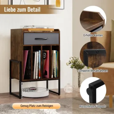 Stojan na gramofon, polička na desky se 4 přihrádkami, pojme až 160 alb, vinylová skříňka do obývacího pokoje, hnědá