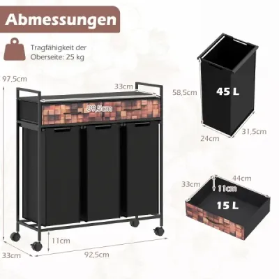 Prádelní koš se 3 přihrádkami, 135 l, kolečkové, se zásuvkami, pytle na prádlo, do koupelny, obývacího pokoje, černá + rustikálně hnědá