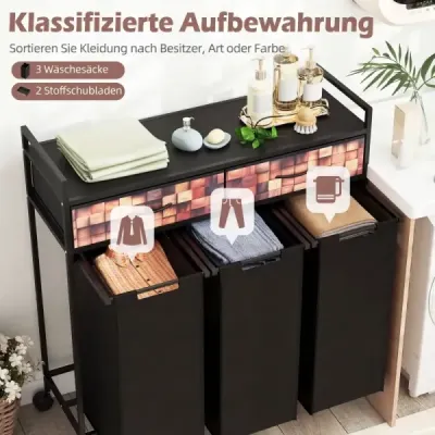 Prádelní koš se 3 přihrádkami, 135 l, kolečkové, se zásuvkami, pytle na prádlo, do koupelny, obývacího pokoje, černá + rustikálně hnědá