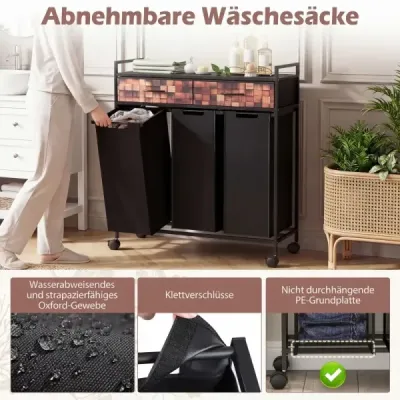 Prádelní koš se 3 přihrádkami, 135 l, kolečkové, se zásuvkami, pytle na prádlo, do koupelny, obývacího pokoje, černá + rustikálně hnědá