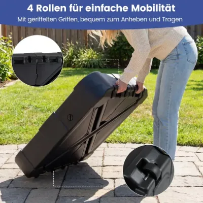 Stojan na slunečník s kolečky 130 kg, HDPE, čtverec 84 cm, plnitelný, pro zahradu, terasu, k bazénu, černý
