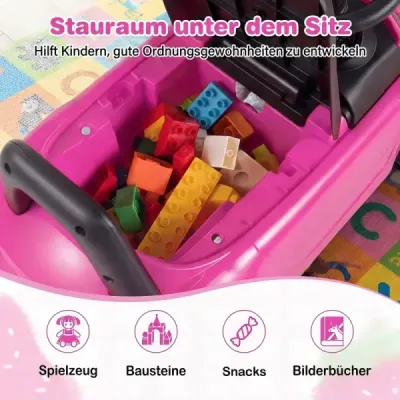 Dětské odrážedlo se světlem, ochranou proti převrácení a úložným prostorem pod sedadlem. Růžová odrážedla pro děti.