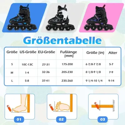 Dětské kolečkové brusle, 4 nastavitelné velikosti, inline brusle se svítícími kolečky, velikost M (EU 32-36)