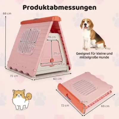 Skládací plastová psí bouda, voděodolná, s klapkami, odvětrávaná, přenosná, pro vnitřní i venkovní použití, růžová