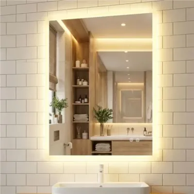 Koupelnové zrcadlo s LED osvětlením 80 x 60 cm, obdélníkové nástěnné zrcadlo s funkcí paměti proti zamlžování, stříbrné