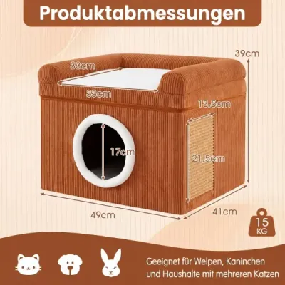 Kočičí pelíšek pro domácí kočky, velká kočičí jeskyně, sisalová škrabadla, měkký polštář, protiskluzový, skládací, do 15 kg, 49 x 41 x 39 cm, hnědá