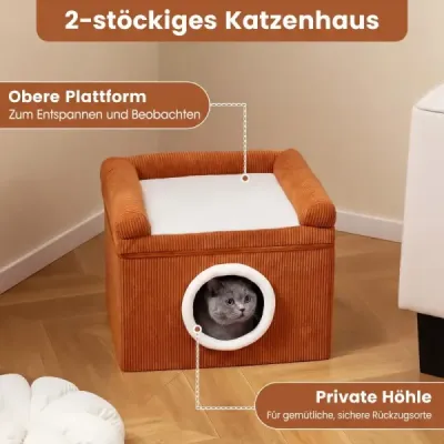 Kočičí pelíšek pro domácí kočky, velká kočičí jeskyně, sisalová škrabadla, měkký polštář, protiskluzový, skládací, do 15 kg, 49 x 41 x 39 cm, hnědá
