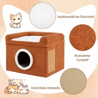 Kočičí pelíšek pro domácí kočky, velká kočičí jeskyně, sisalová škrabadla, měkký polštář, protiskluzový, skládací, do 15 kg, 49 x 41 x 39 cm, hnědá