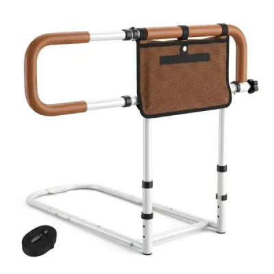 Skládací zábrana k posteli pro seniory, madlo s nastavitelnou šířkou a výškou, hnědá