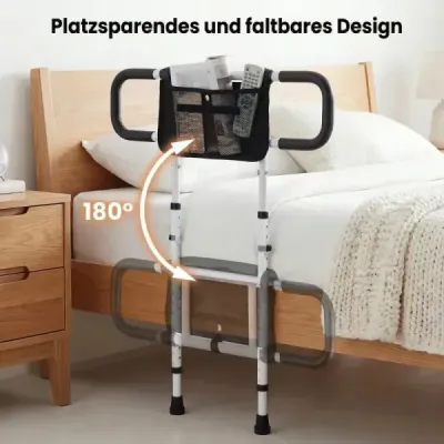 Skládací zábrana k posteli pro seniory, madlo s odnímatelným úložným vakem, bílá