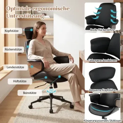 Ergonomická kancelářská židle se zaoblenými područkami, opěradlem a opěrkou hlavy. Kancelářská židle, otočná židle.
