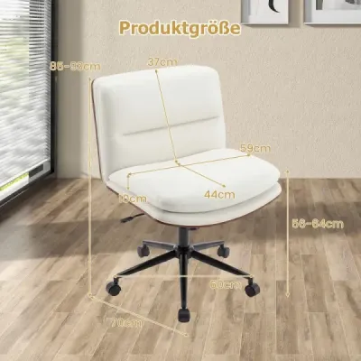 Židle s překříženýma nohama a kolečky, čalouněná kancelářská židle bez područek, otočná židle, bílá
