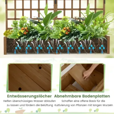 Květinový truhlík s treláží a střechou, jedlový květináč s prolézačkou, zahradní treláž, hnědá