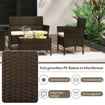Zahradní ratanový nábytek, sedací souprava se 2 křesly, lavicí, stolem a podsedáky, hnědá.