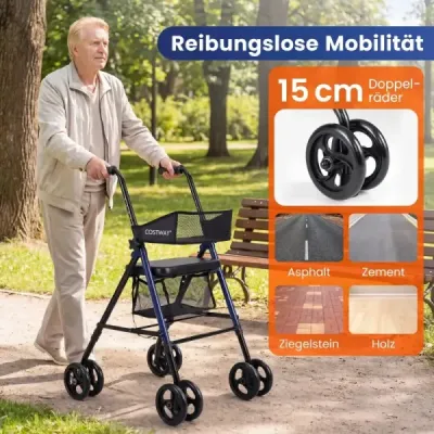 Skládací pojízdný vozík se sedákem a taškou, 8 výškově nastavitelných poloh, lehký, 15cm kolečka, pro seniory, modrý