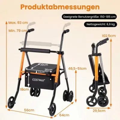 Skládací cestovní vozík, výškově nastavitelný se sedákem a košíkem, lehký hliník, do 136 kg, pro seniory, oranžový